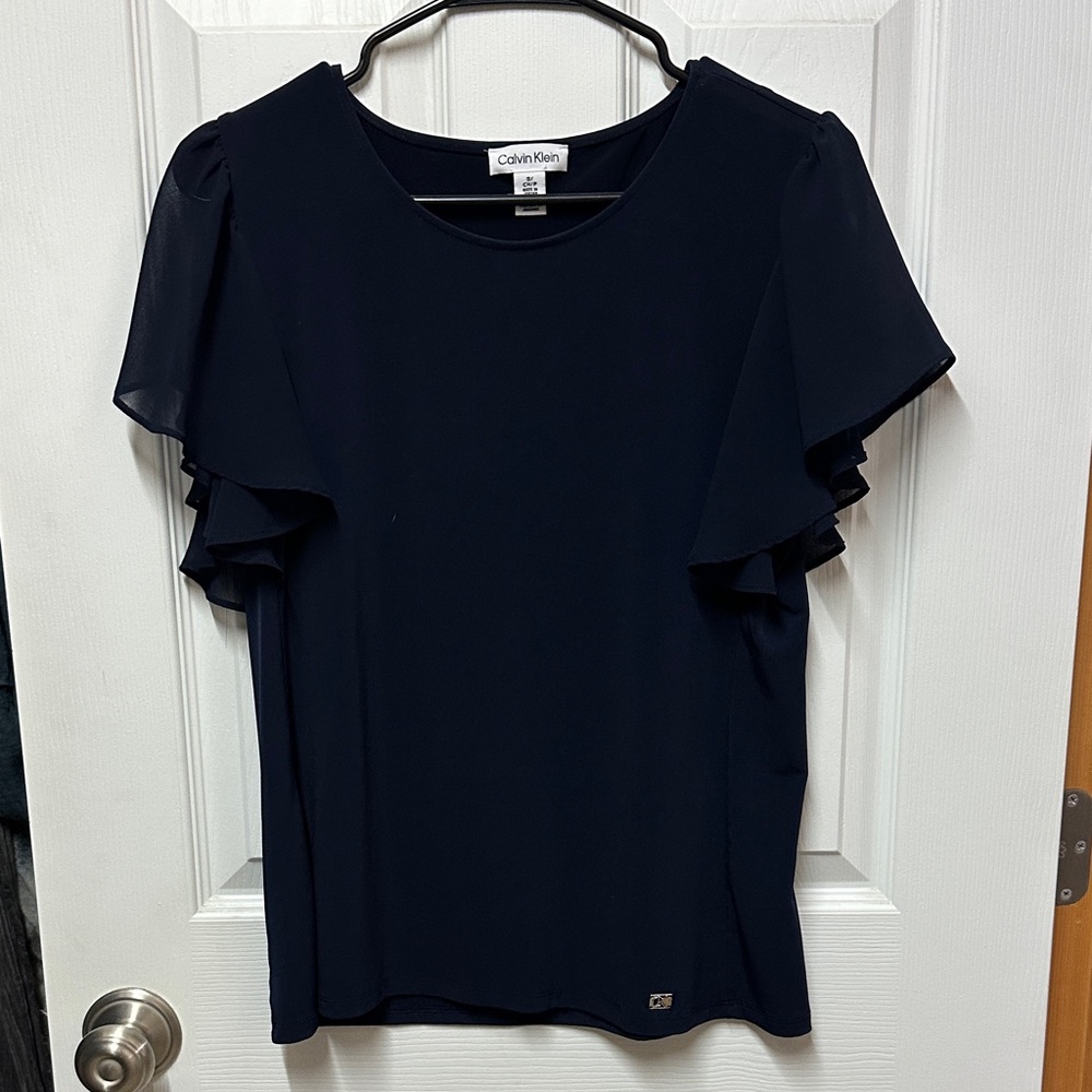 Calvin Klein Dark Blue Flutter Sleeve Blouse